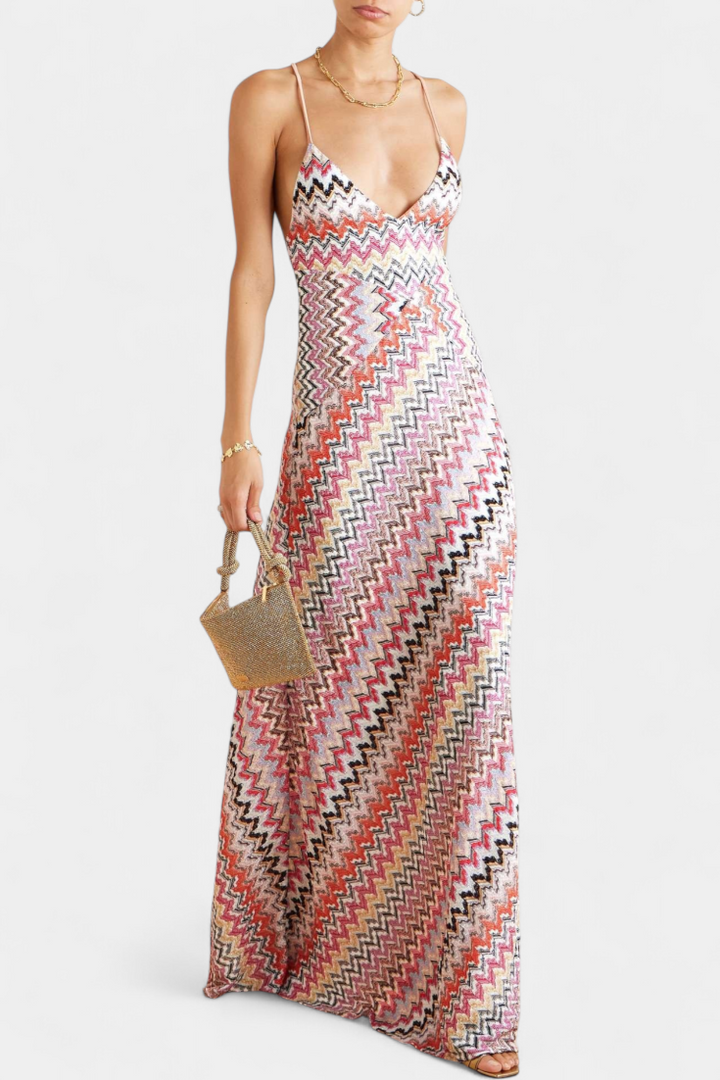 Vestido Largo de Punto Multicolor con Escote Profundo y Espalda Cruzada de Francia