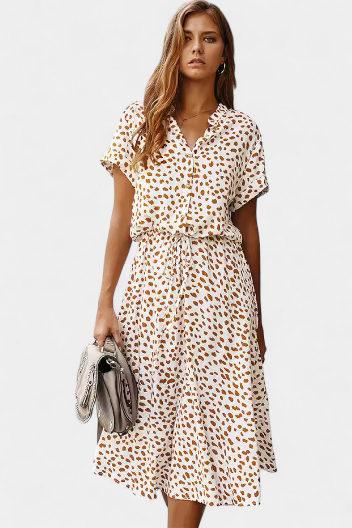 Vestido Midi de Lunares Rovena con Cuello Camisero y Cintura Ajustable