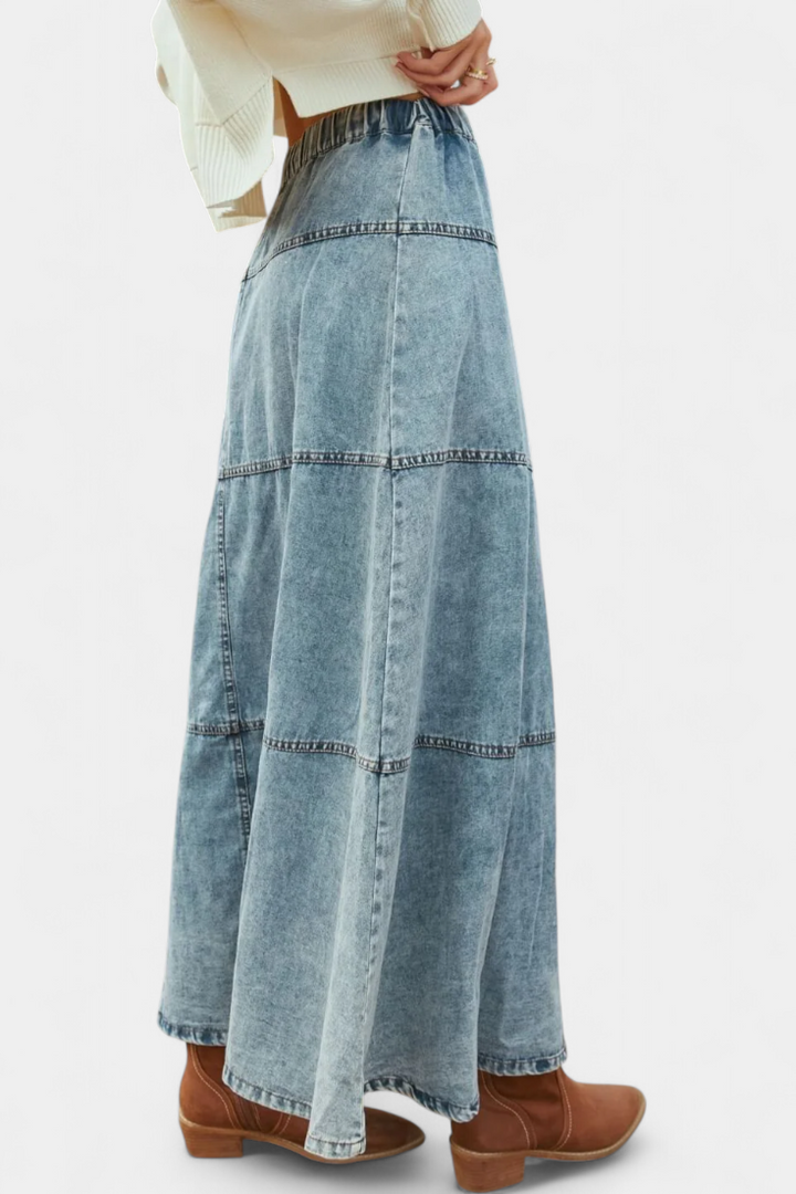 Lorraine Falda Maxi de Denim con Apliques de Pluma