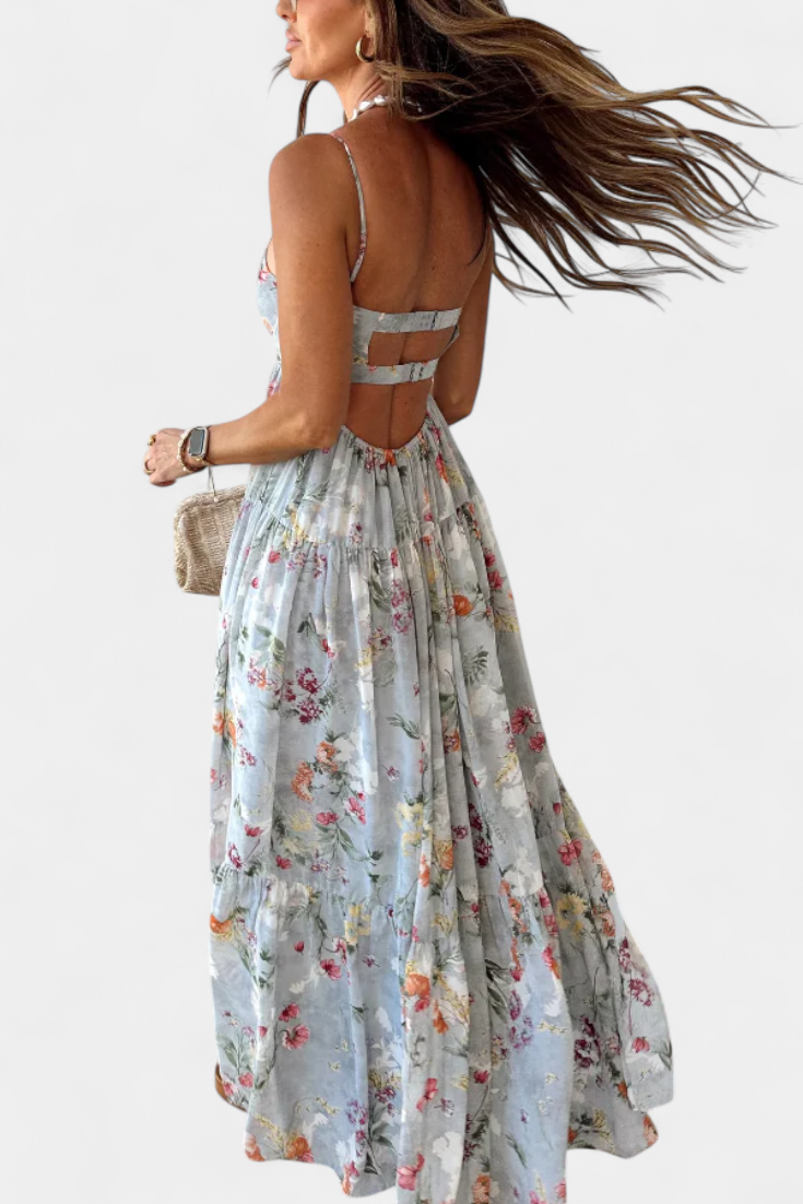 Vestido Floral Neha con Espalda Abierta y Tirantes Delgados