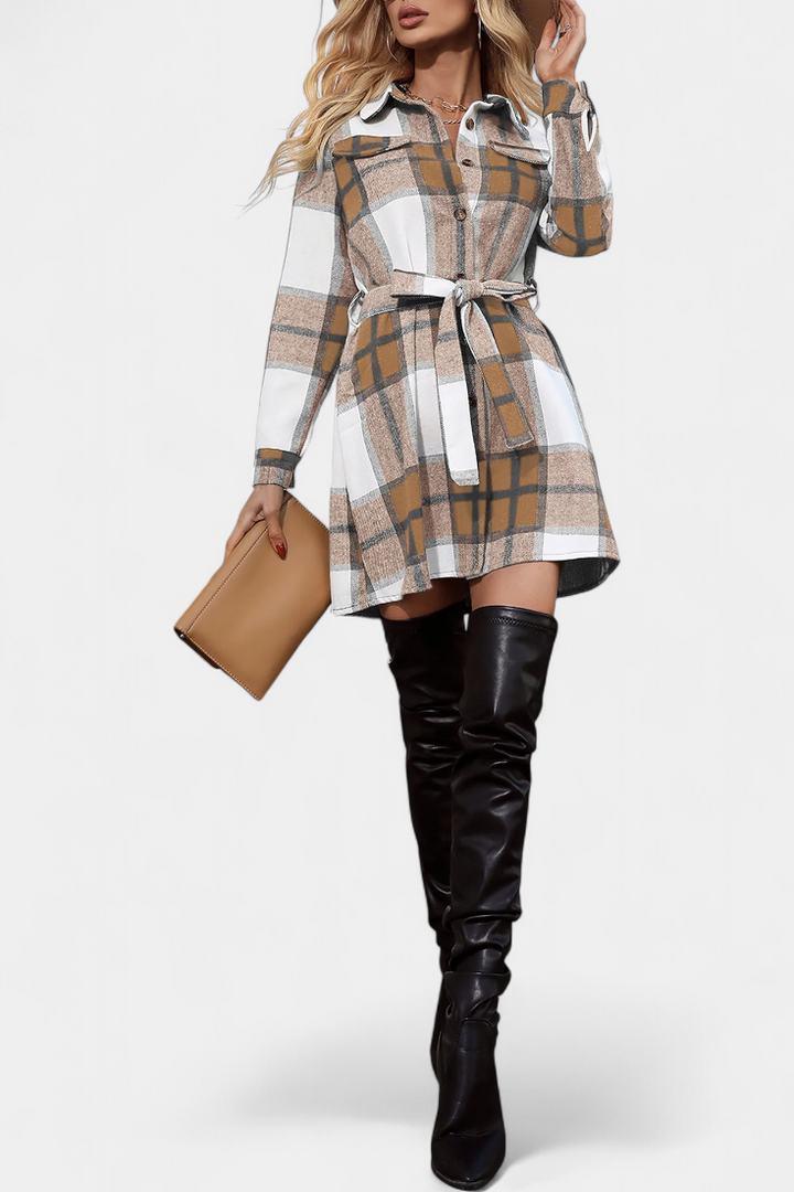 Masia Mini Checkered Shirt Dress with Belt