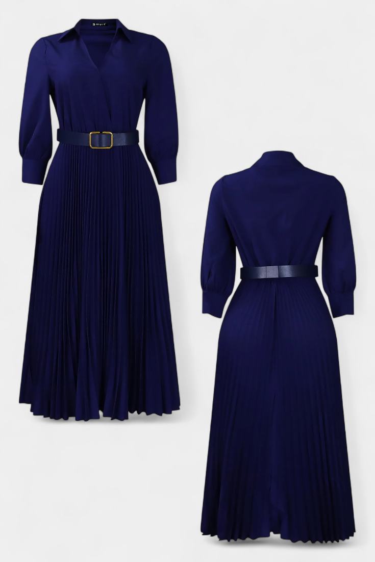 Vestido Midi Michelle con Cuello Sastre y Cinturón Plisado