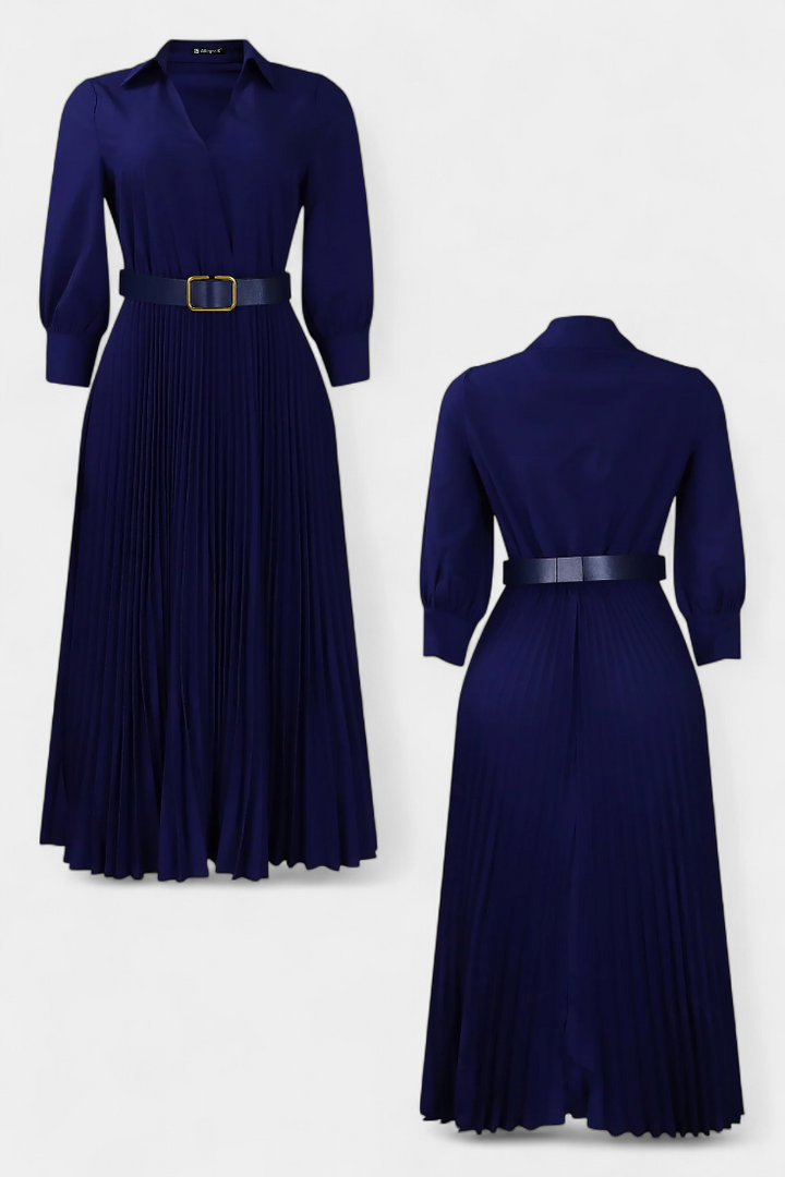 Vestido Midi Michelle con Cuello Sastre y Cinturón Plisado