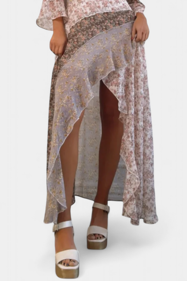 Vestido Largo Floral Ruth con Mangas 3/4 y Detalles de Paneles Volantes