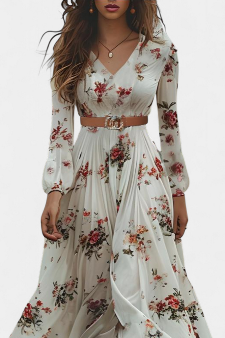 Amanda Maxi Vestido Floral con Cuello en V y Mangas Largas