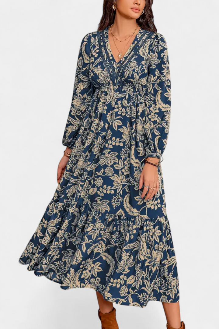 Lunetta Vestido Maxi Bohemio con Estampado Floral y Mangas Abullonadas