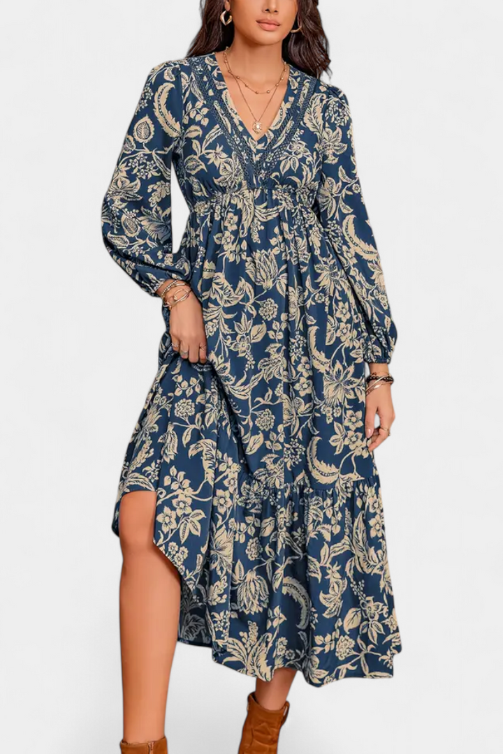 Lunetta Vestido Maxi Bohemio con Estampado Floral y Mangas Abullonadas