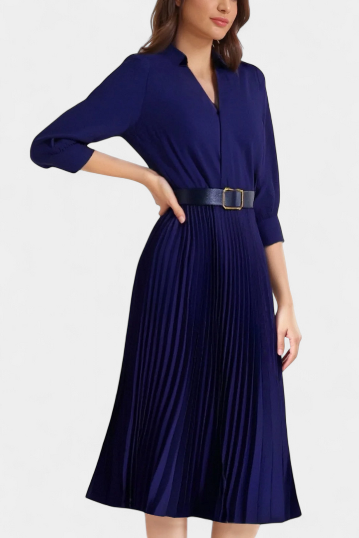 Vestido Midi Michelle con Cuello Sastre y Cinturón Plisado