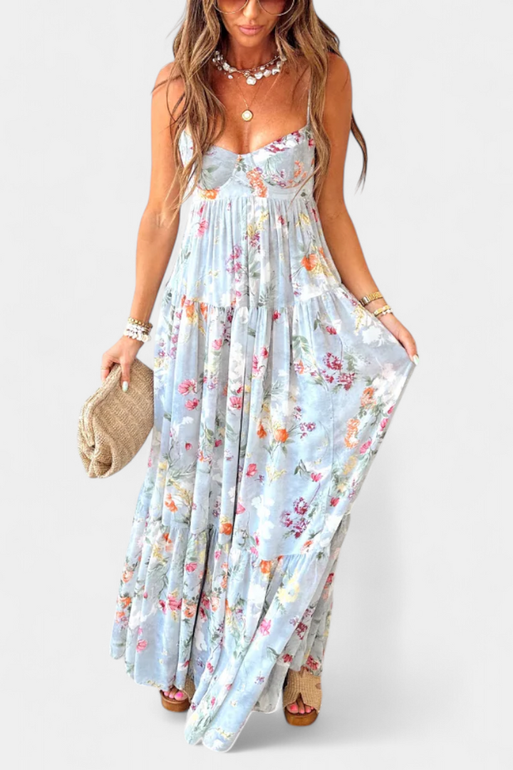 Vestido Floral Neha con Espalda Abierta y Tirantes Delgados