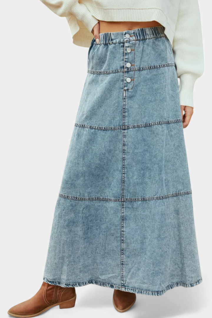 Lorraine Falda Maxi de Denim con Apliques de Pluma