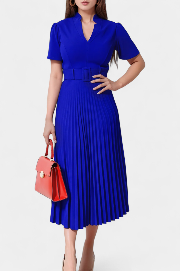 Seliora Vestido Midi Profesional con Cinturón y Pliegues