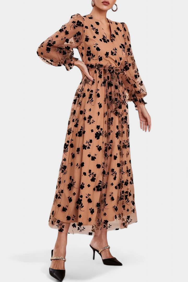 Iolanda Vestido Maxi de Encaje Floral con Mangas Abullonadas