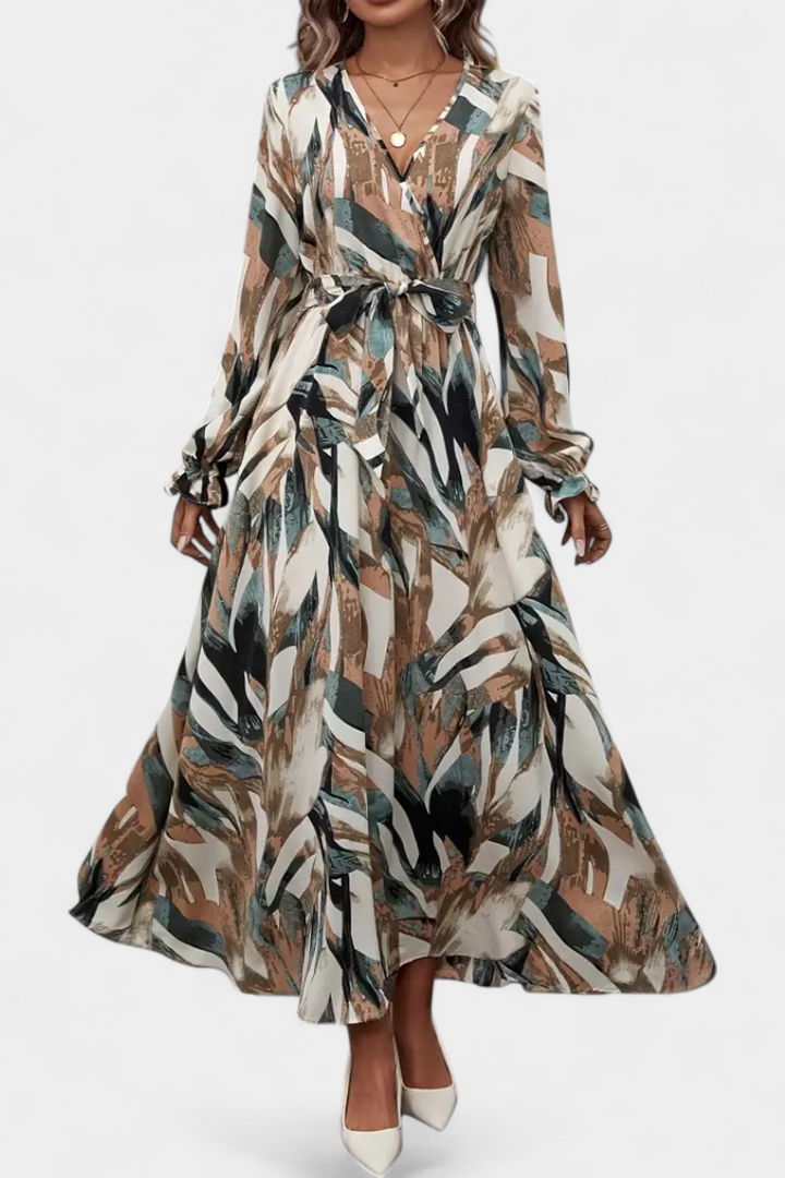 Vestido Largo Basel de Manga Larga con Escote en V