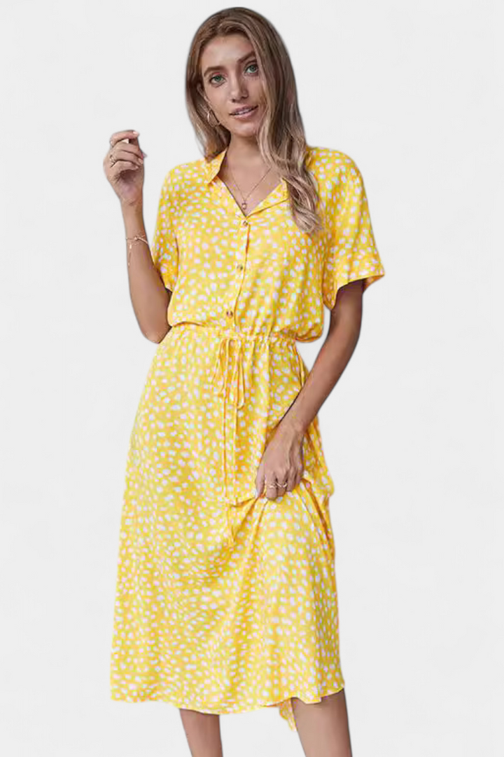 Vestido Midi de Lunares Rovena con Cuello Camisero y Cintura Ajustable