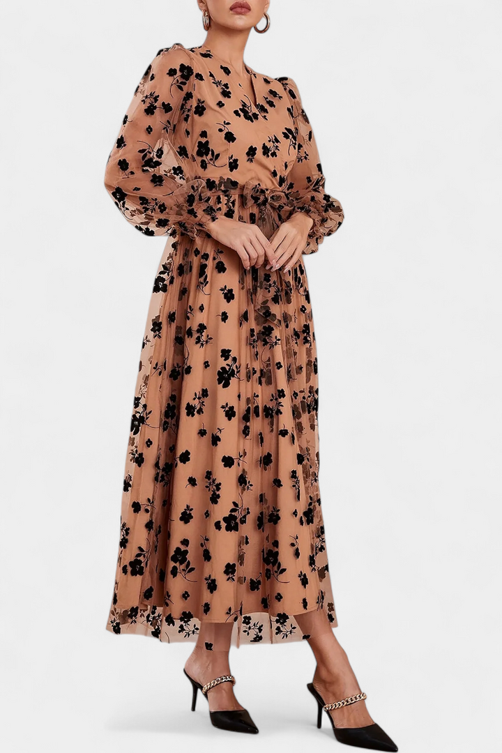 Iolanda Vestido Maxi de Encaje Floral con Mangas Abullonadas