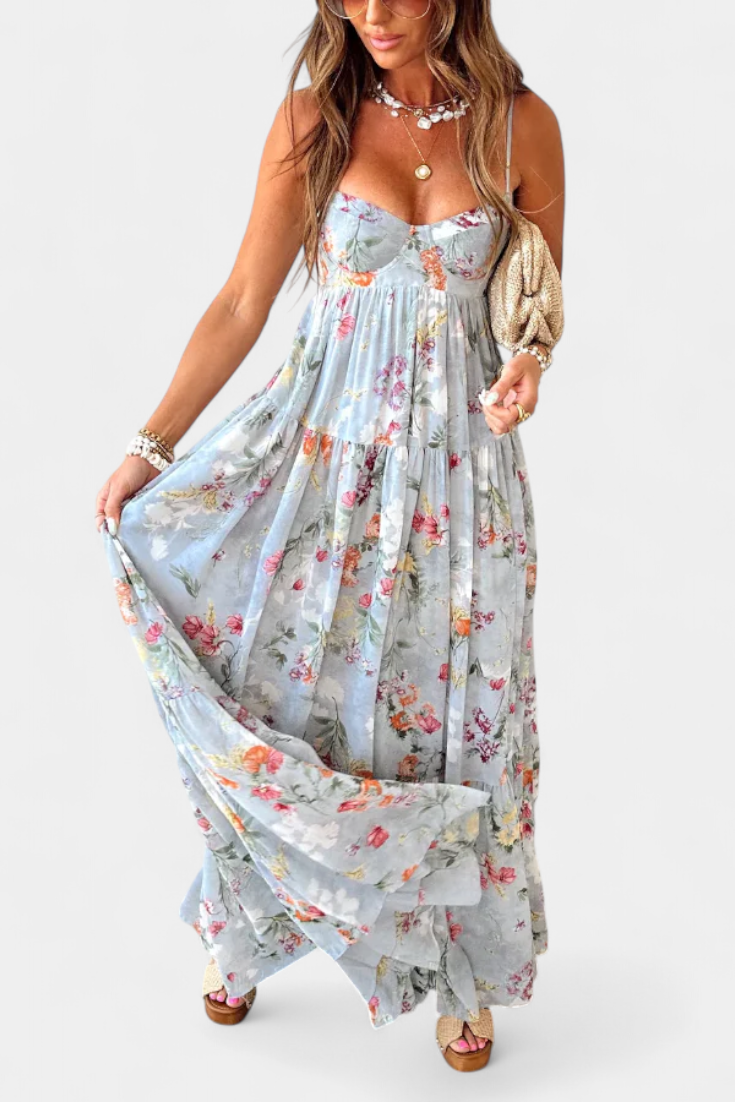 Vestido Floral Neha con Espalda Abierta y Tirantes Delgados