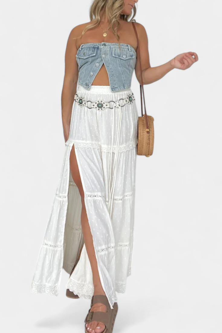 Falda Maxi Boho Dola con Encaje y Abertura Delantera