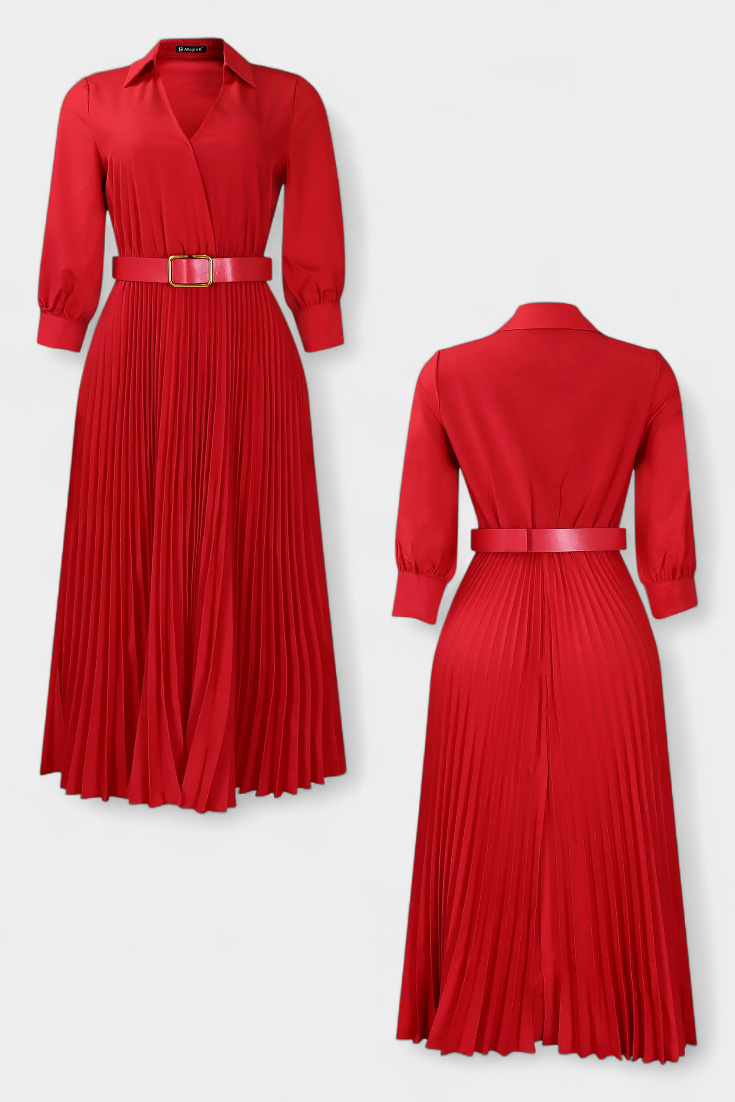 Vestido Midi Michelle con Cuello Sastre y Cinturón Plisado