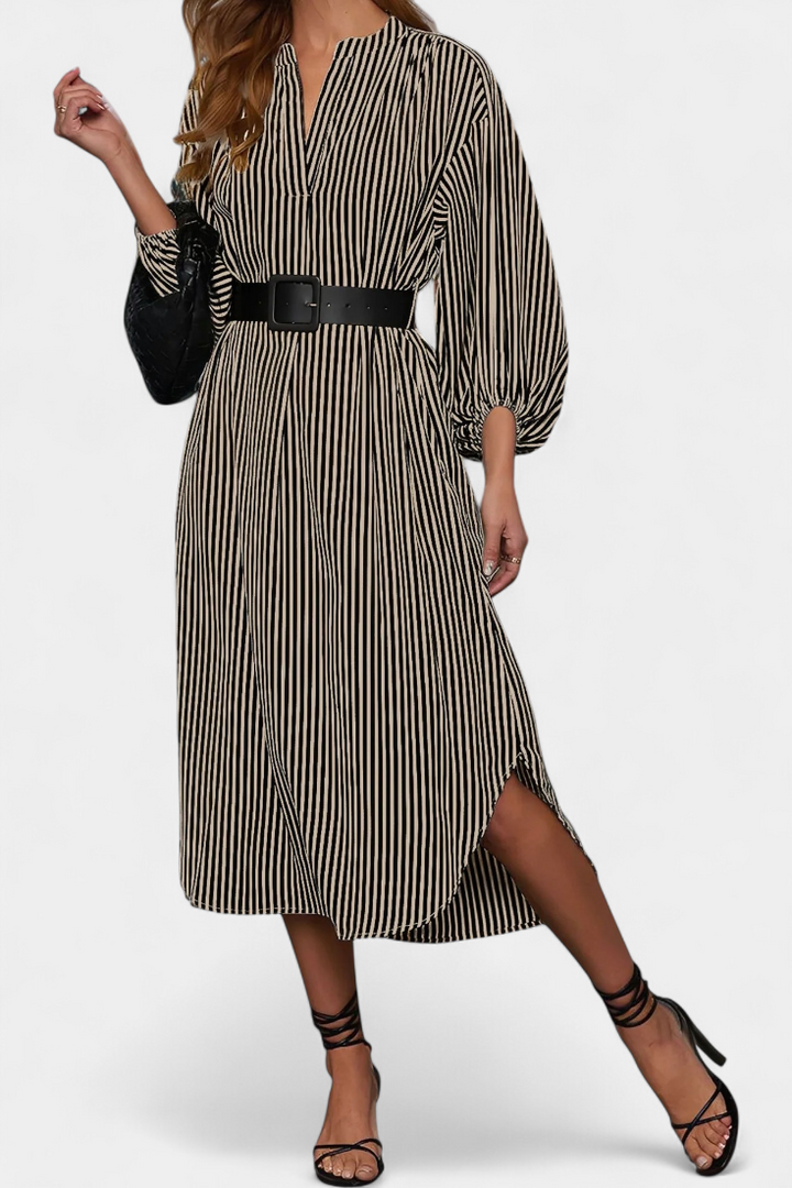 Vestido Rayado Eliana con Cinturón y Cuello en V