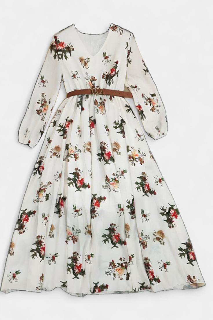 Amanda Maxi Vestido Floral con Cuello en V y Mangas Largas