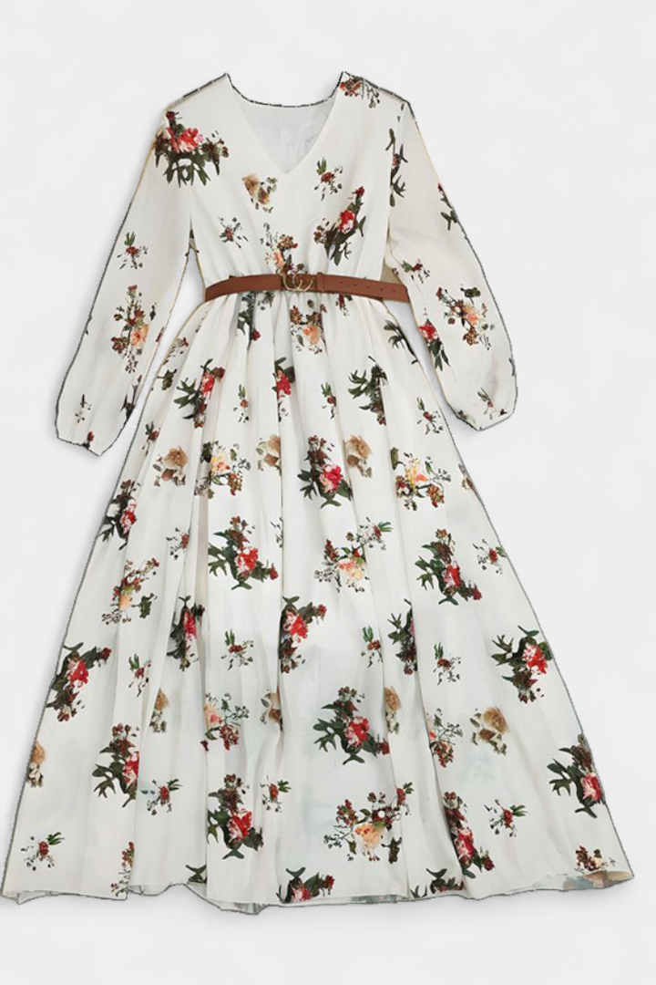 Amanda Maxi Vestido Floral con Cuello en V y Mangas Largas