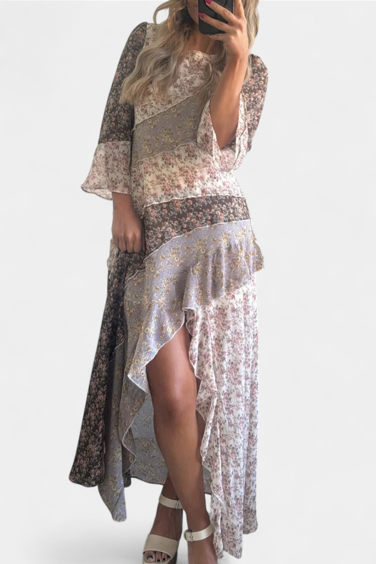 Vestido Largo Floral Ruth con Mangas 3/4 y Detalles de Paneles Volantes