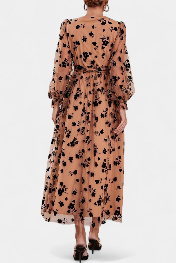 Iolanda Vestido Maxi de Encaje Floral con Mangas Abullonadas