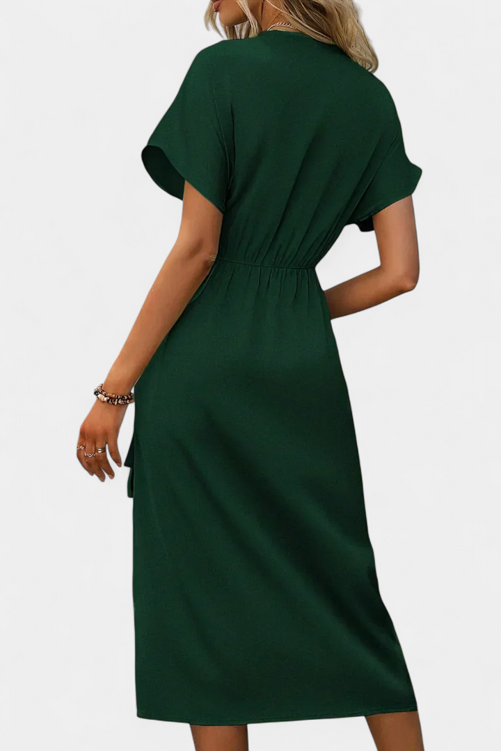 Begoña Vestido Cruzado con Cinturón y Abertura Elegante