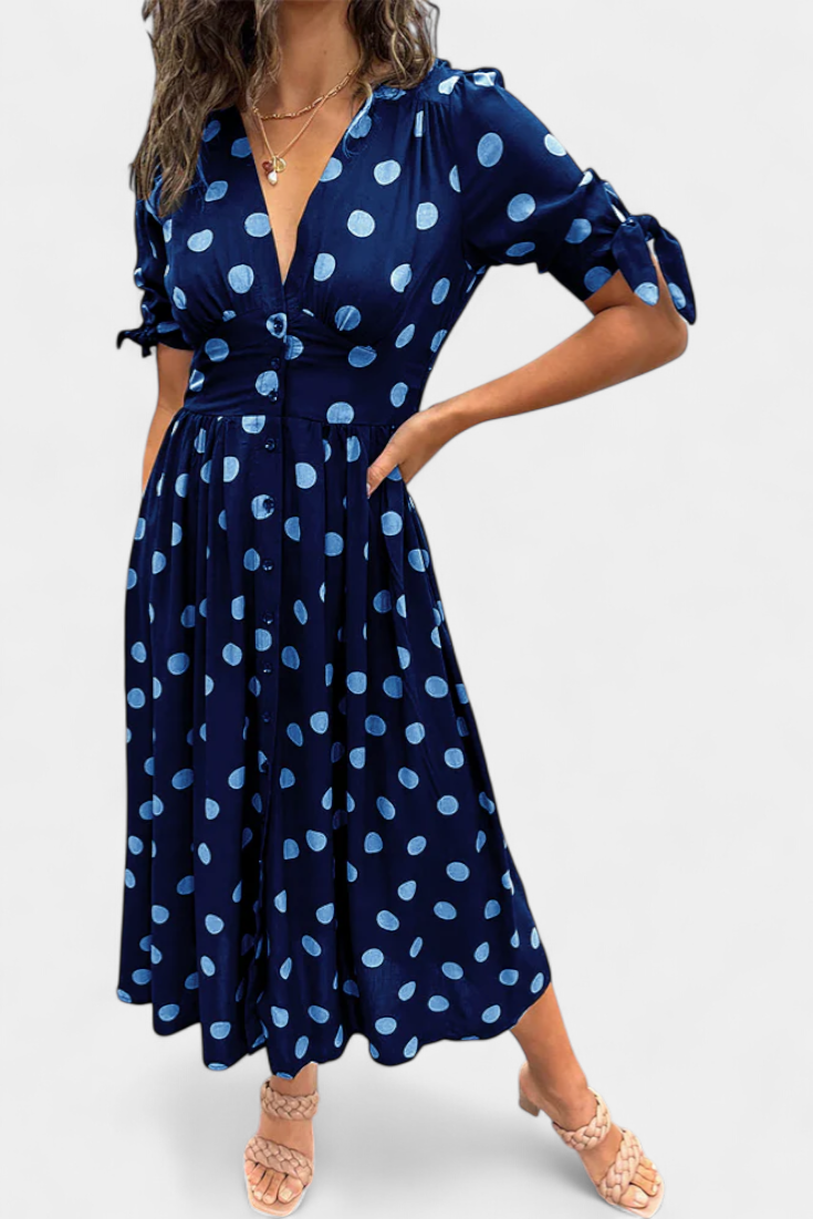 Lizzie Vestido Midi de Lunares con Escote en V Pronunciado