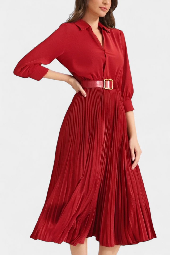 Vestido Midi Michelle con Cuello Sastre y Cinturón Plisado