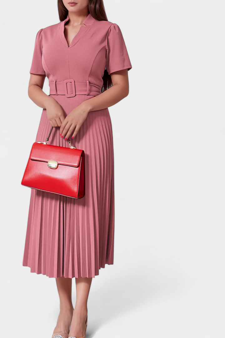 Seliora Vestido Midi Profesional con Cinturón y Pliegues