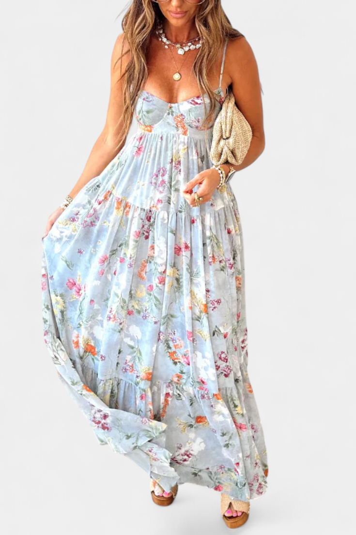 Vestido Floral Neha con Espalda Abierta y Tirantes Delgados