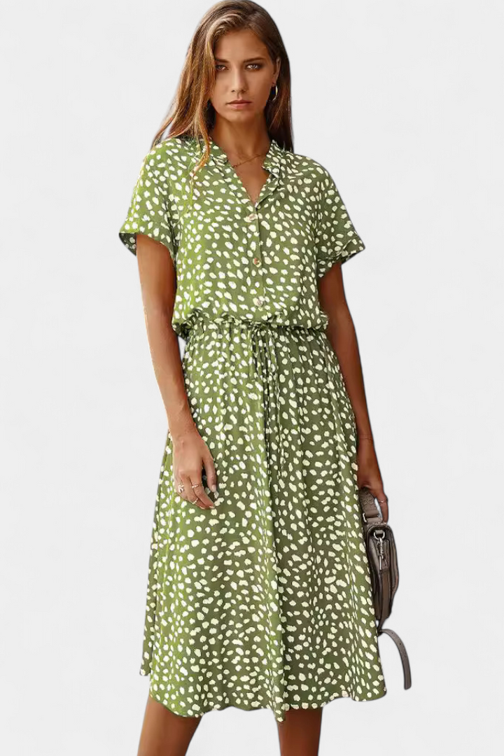 Vestido Midi de Lunares Rovena con Cuello Camisero y Cintura Ajustable