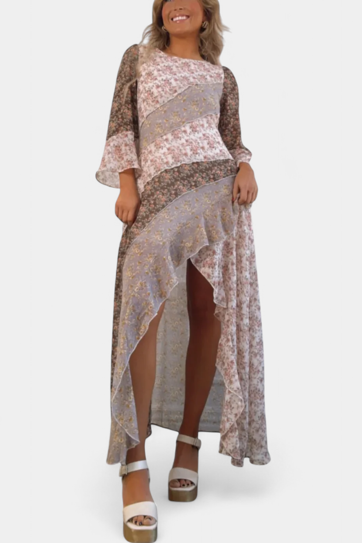 Vestido Largo Floral Ruth con Mangas 3/4 y Detalles de Paneles Volantes
