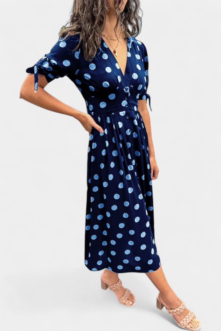 Lizzie Vestido Midi de Lunares con Escote en V Pronunciado