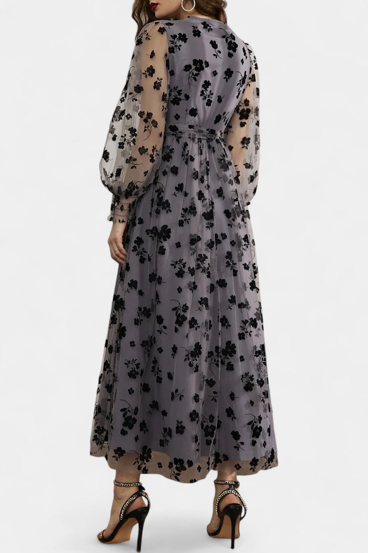 Iolanda Vestido Maxi de Encaje Floral con Mangas Abullonadas