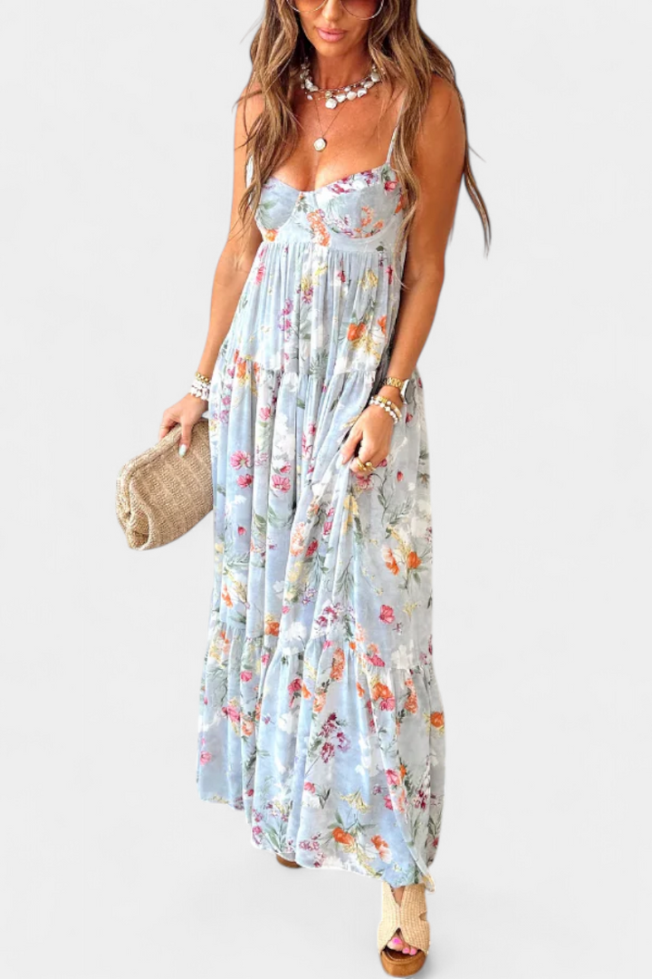 Vestido Floral Neha con Espalda Abierta y Tirantes Delgados