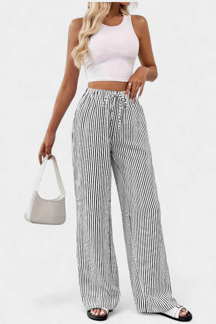 Pantalones Rectos Ligeros Sabrina con Cintura Ajustable y Diseño a Rayas