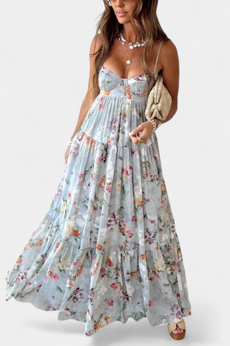 Vestido Floral Neha con Espalda Abierta y Tirantes Delgados