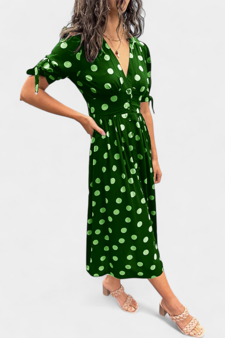 Lizzie Vestido Midi de Lunares con Escote en V Pronunciado
