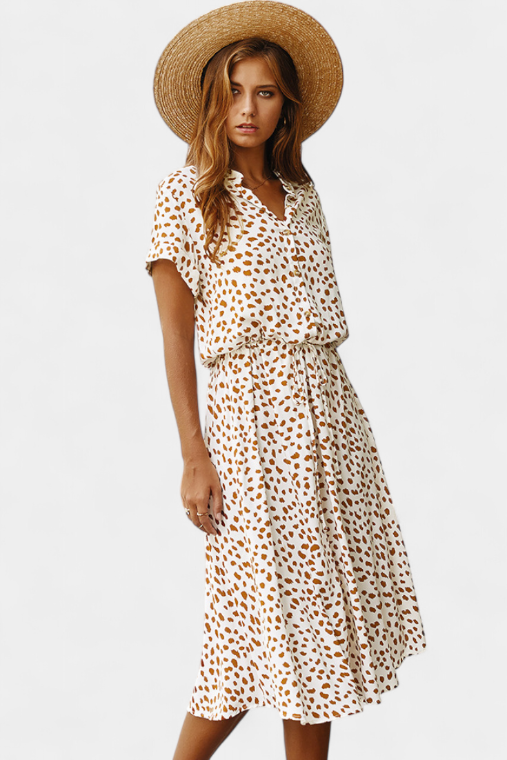 Vestido Midi de Lunares Rovena con Cuello Camisero y Cintura Ajustable