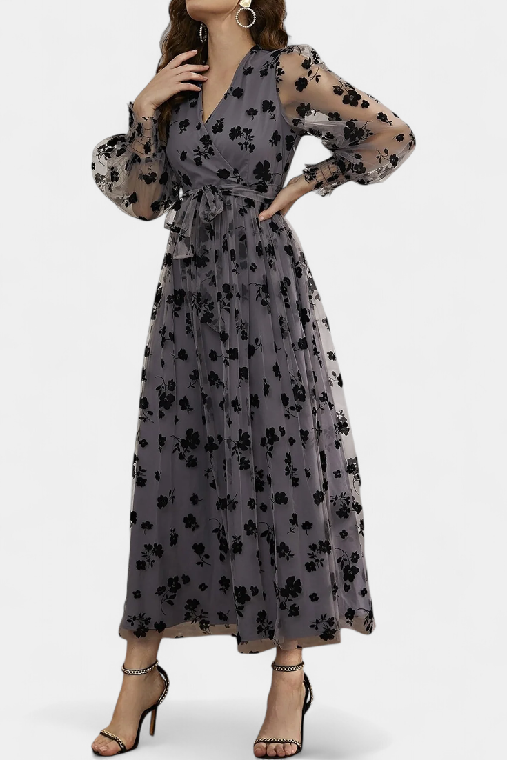 Iolanda Vestido Maxi de Encaje Floral con Mangas Abullonadas