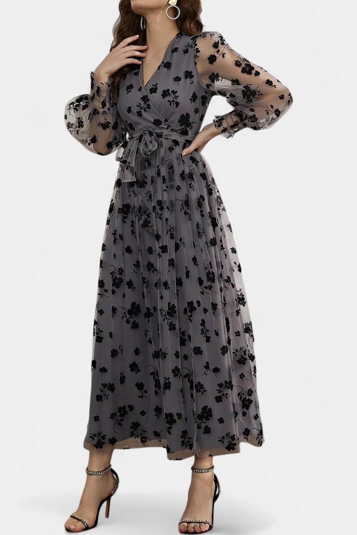 Iolanda Vestido Maxi de Encaje Floral con Mangas Abullonadas