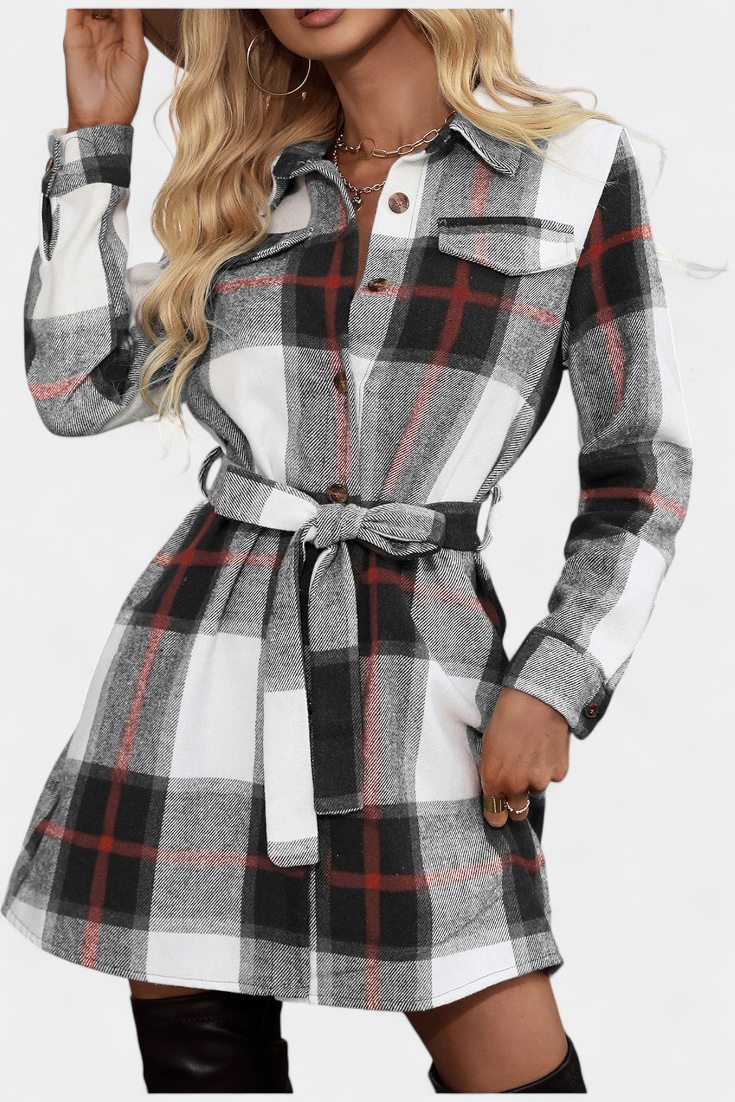 Masia Mini Checkered Shirt Dress with Belt