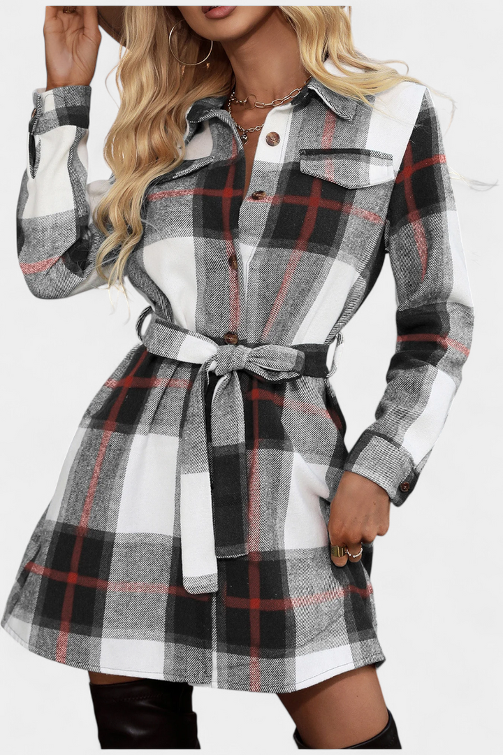Masia Mini Checkered Shirt Dress with Belt