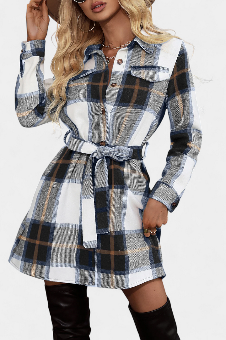 Masia Mini Checkered Shirt Dress with Belt
