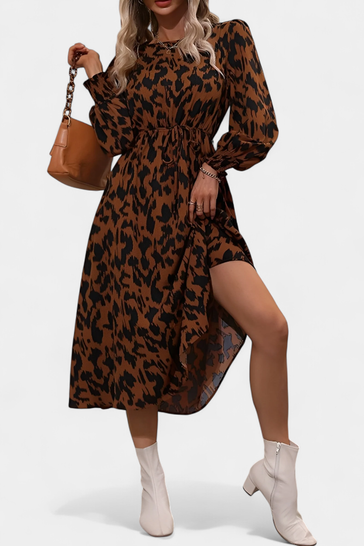 Nerin Vestido A-Line de Leopardo con Cintura Regulable