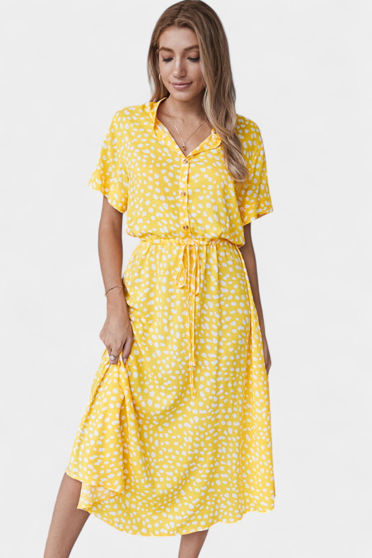 Vestido Midi de Lunares Rovena con Cuello Camisero y Cintura Ajustable
