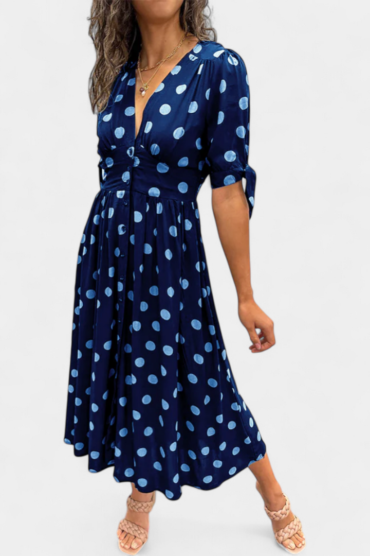 Lizzie Vestido Midi de Lunares con Escote en V Pronunciado