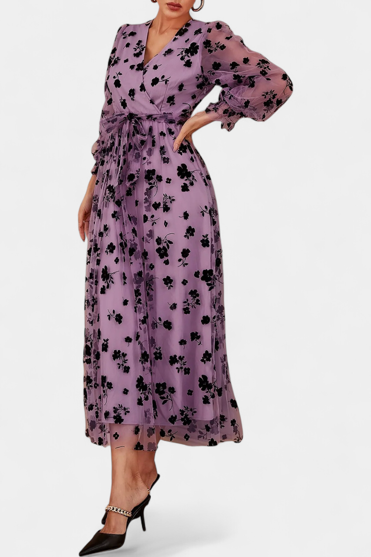 Iolanda Vestido Maxi de Encaje Floral con Mangas Abullonadas